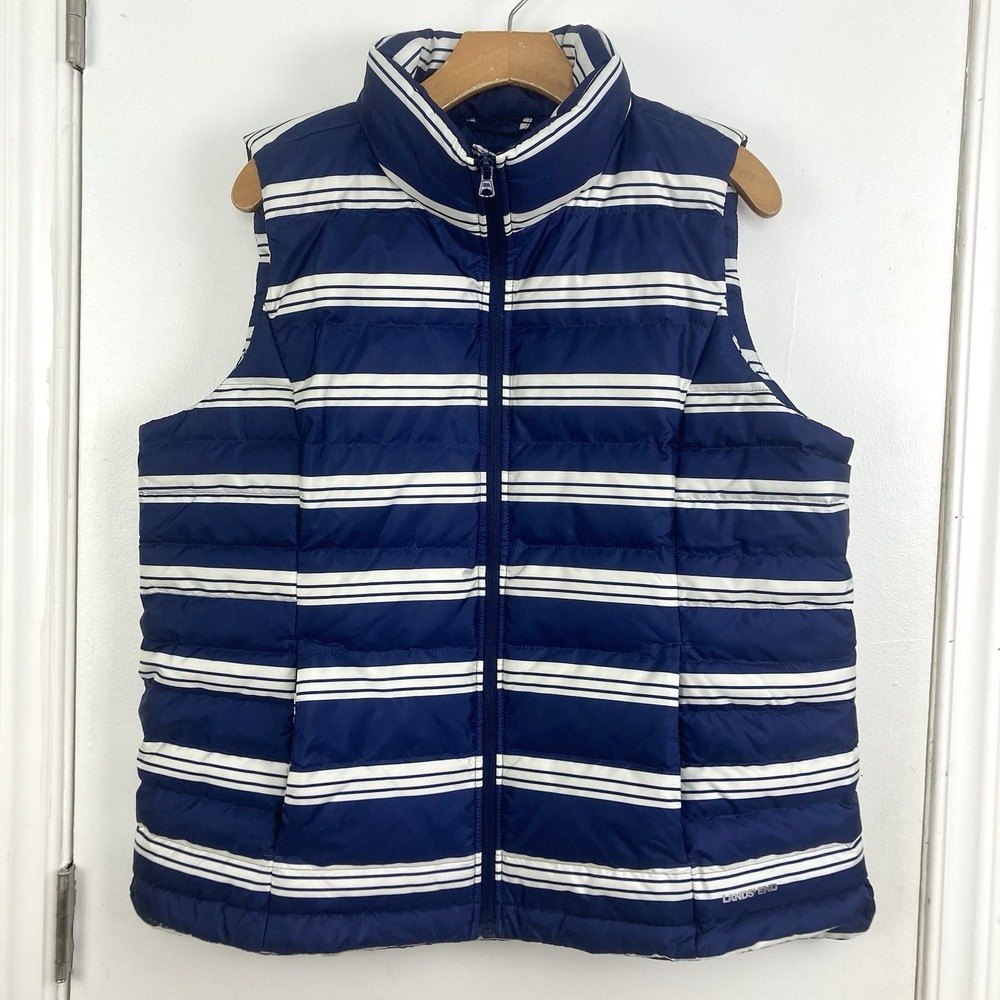 Lands End NWT Womens 600 Fill Power Down Puffer Vest Striped Navy White XL,‎ 18